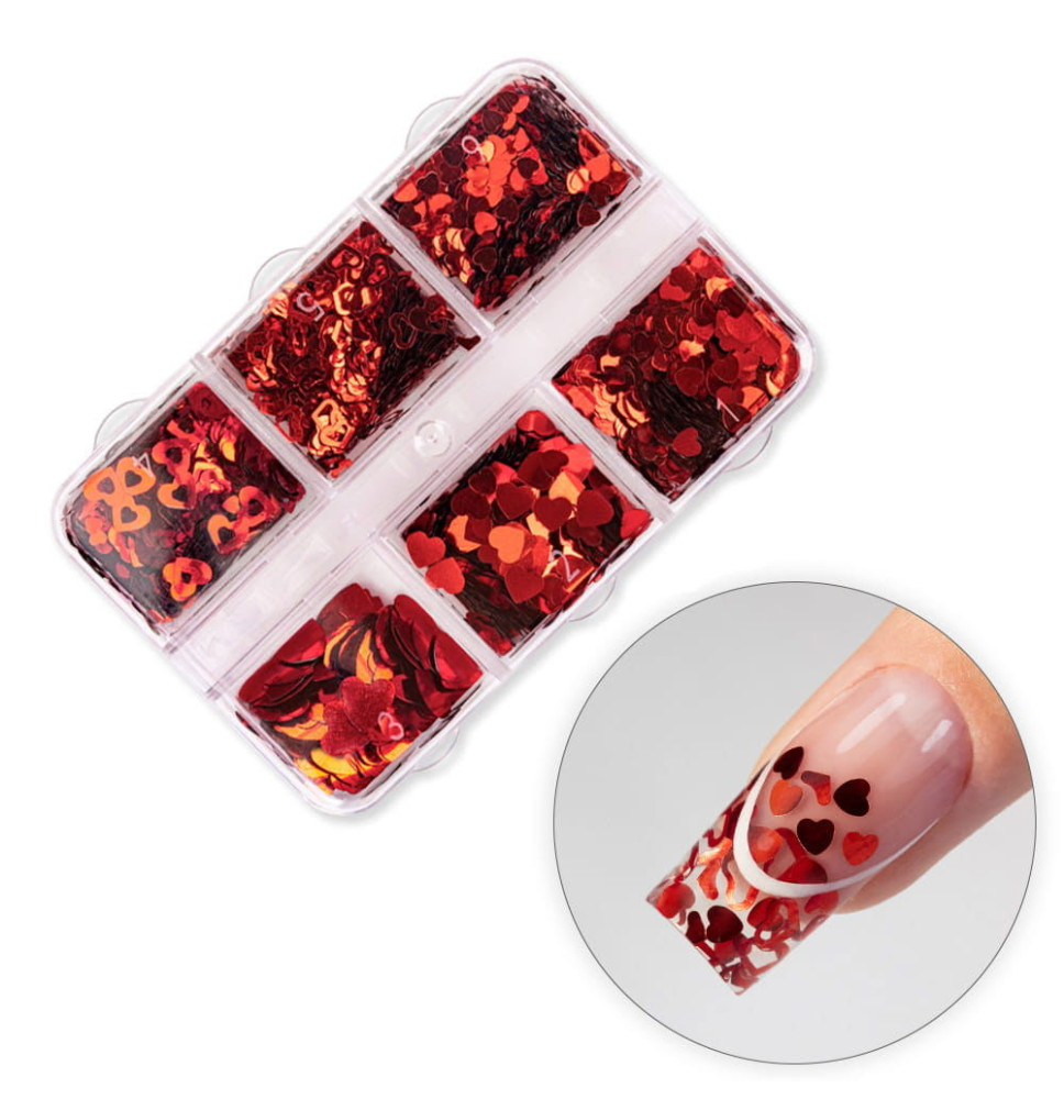 Valentínske dekorácie holografické srdiečka v kazete - 6 dizajnov