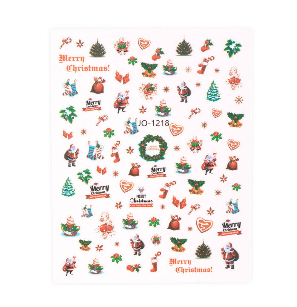 Vianočné samolepiace nálepky na nechty JO-1218 s motívmi snehových vločiek, stromčekov a darčekov