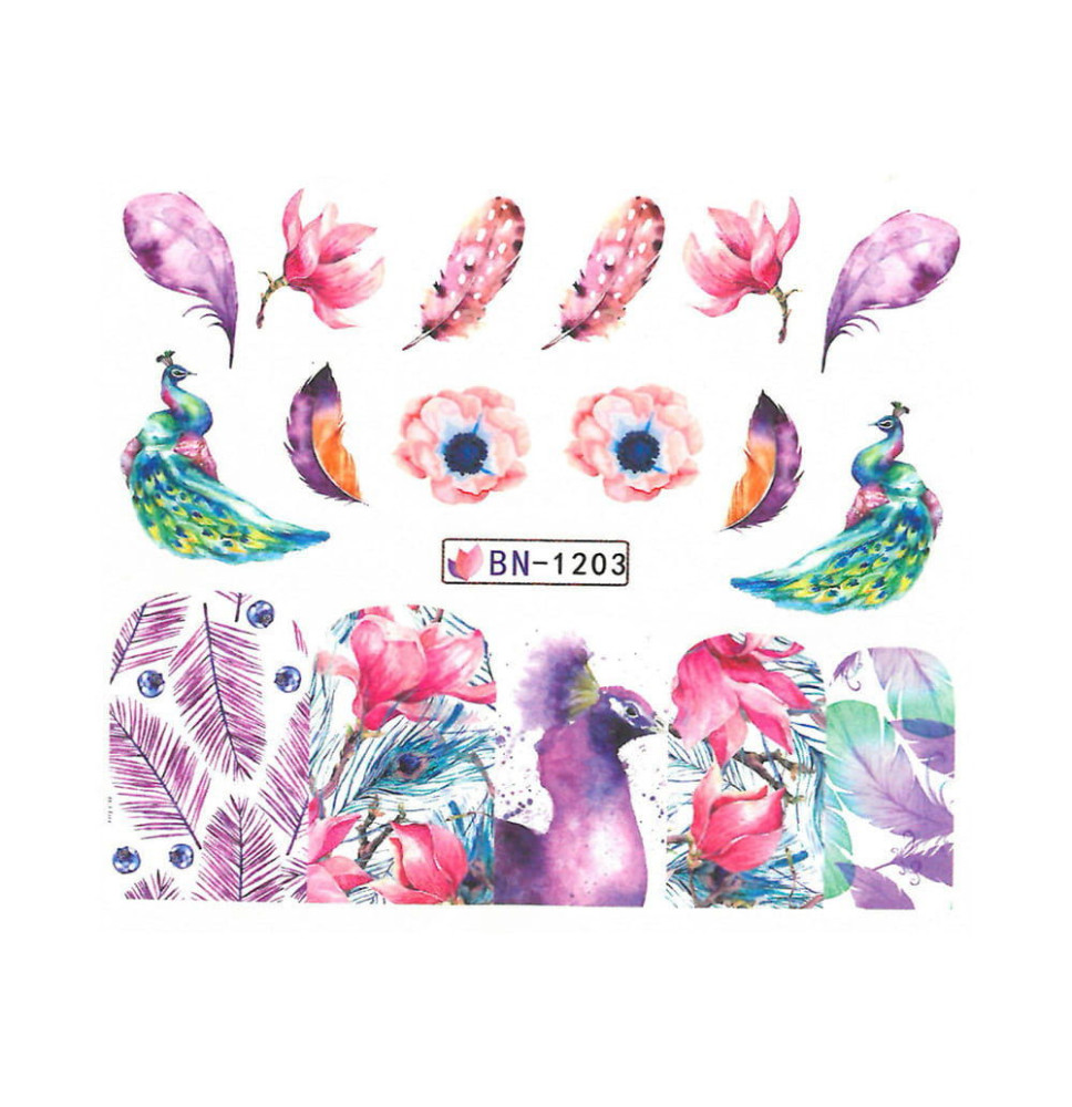 Vodolepka na nechty kvety a pávy BN-1203
