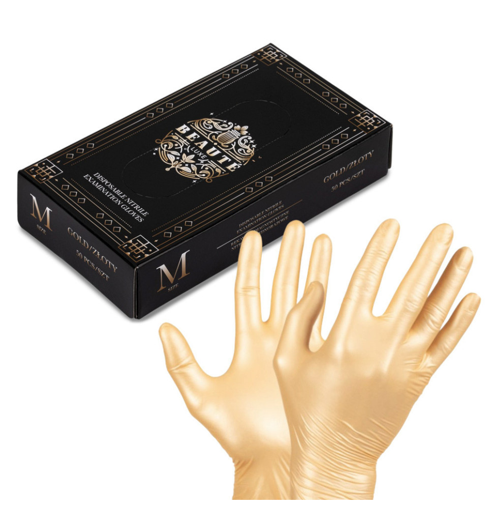 Jednorazové nitrilové rukavice Beaute Luxe v zlatej farbe, veľkosť M 50ks