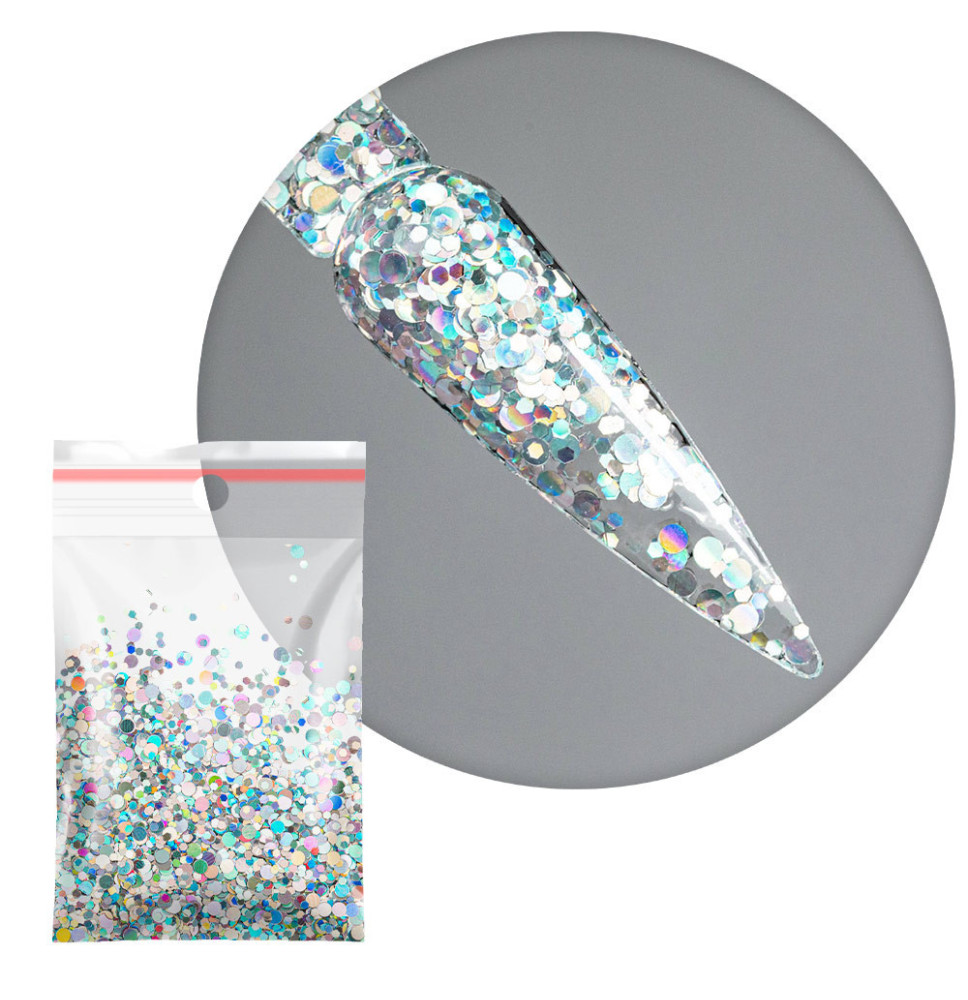 Ozdoby na nechty Confetti Dots č. 1 – strieborné holografické konfety 5 g